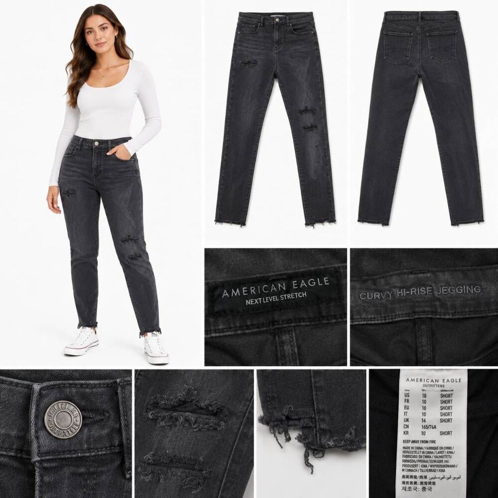 American Eagle Black Distressed Next Level Jeans 10 Short